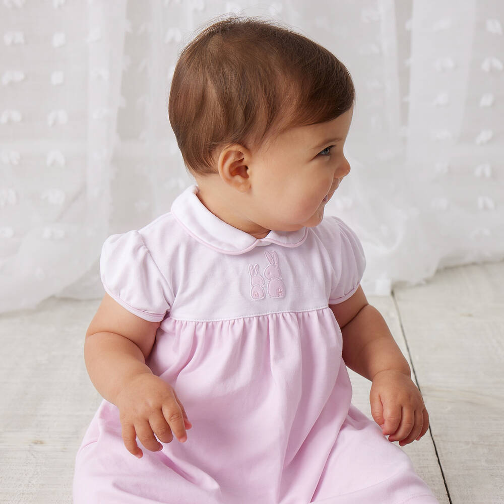 كيسي كيسي-فستان قطن بيما لون زهري وأبيض للمولودات | Childrensalon Outlet