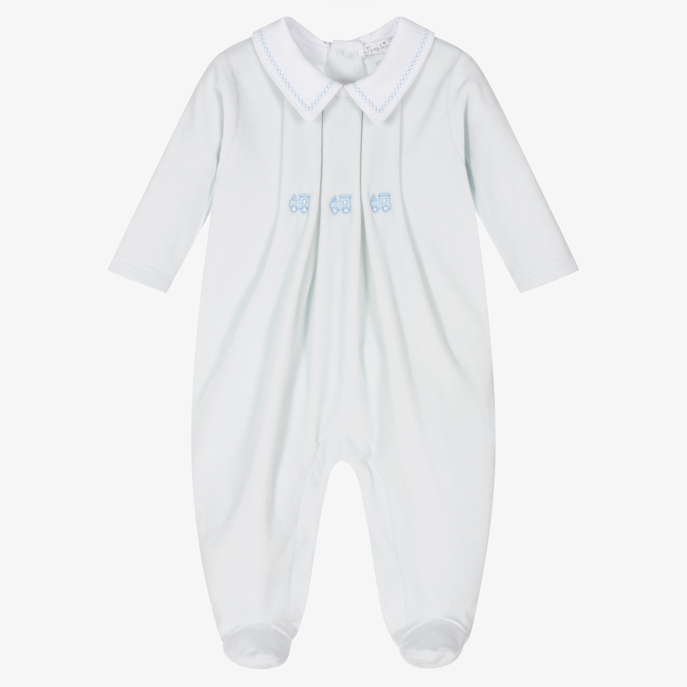 Kissy Kissy-Blue Cotton Velour Train Babygrow | Childrensalon Outlet