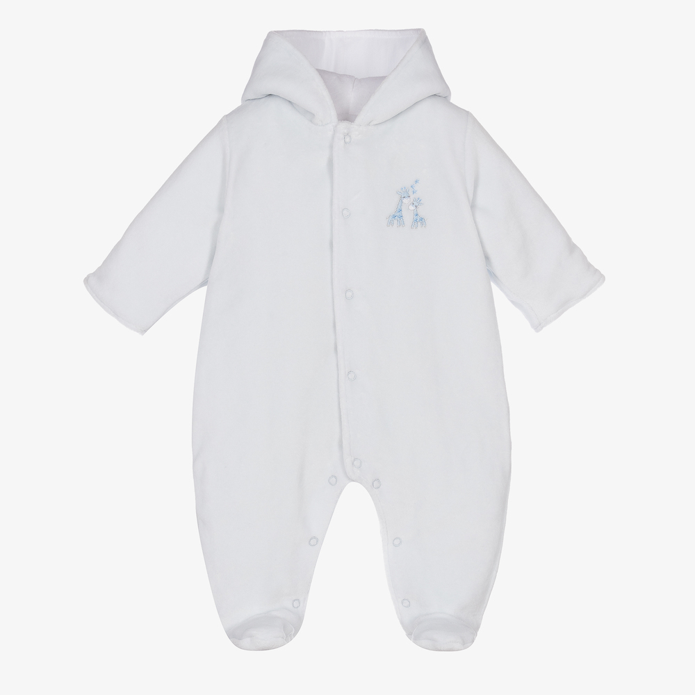 Kissy Kissy - Blue Velour Giraffe Pramsuit  | Childrensalon