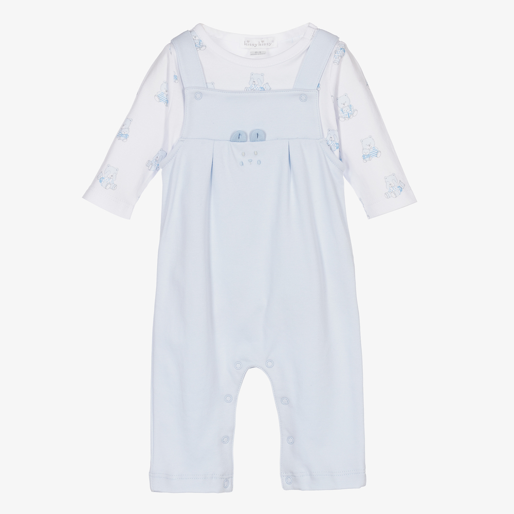 Kissy Kissy - Blue & White Teddy Dungarees Set | Childrensalon