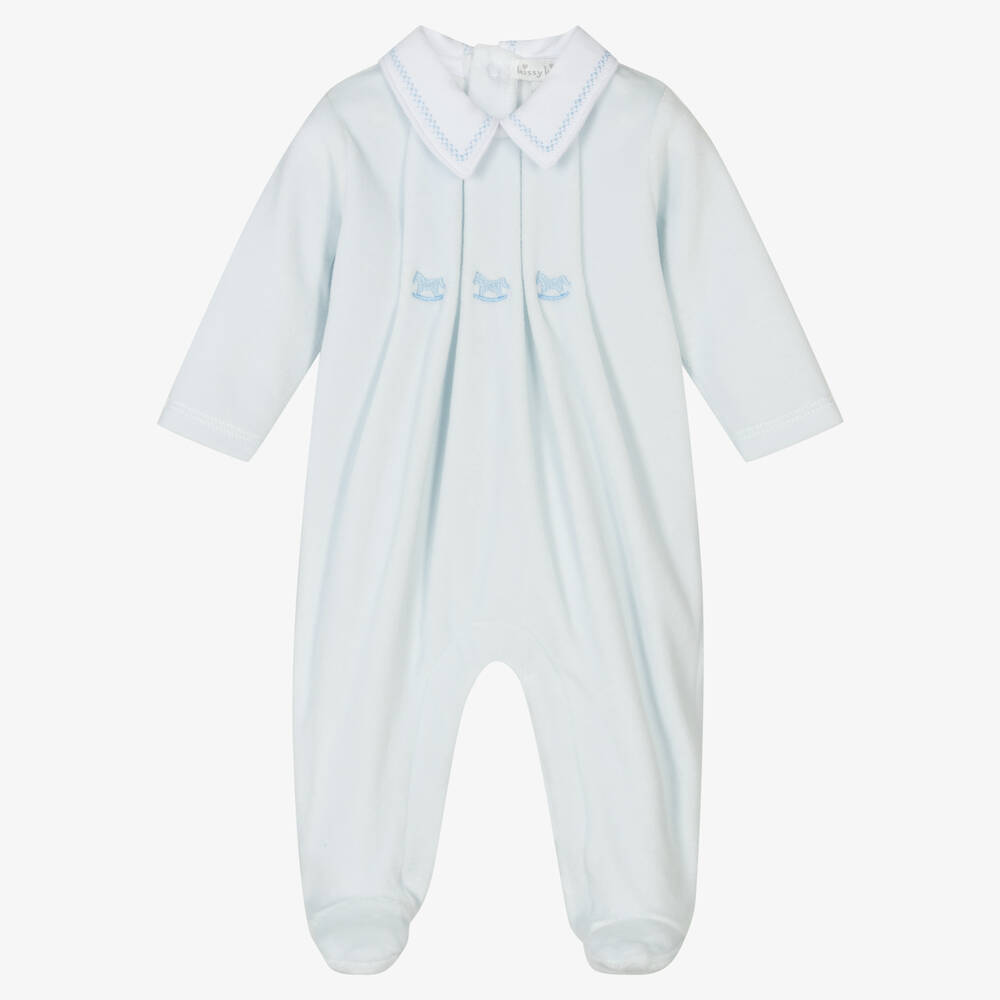 Kissy Kissy - Boys Blue Classic Treasures Velour Babygrow | Childrensalon