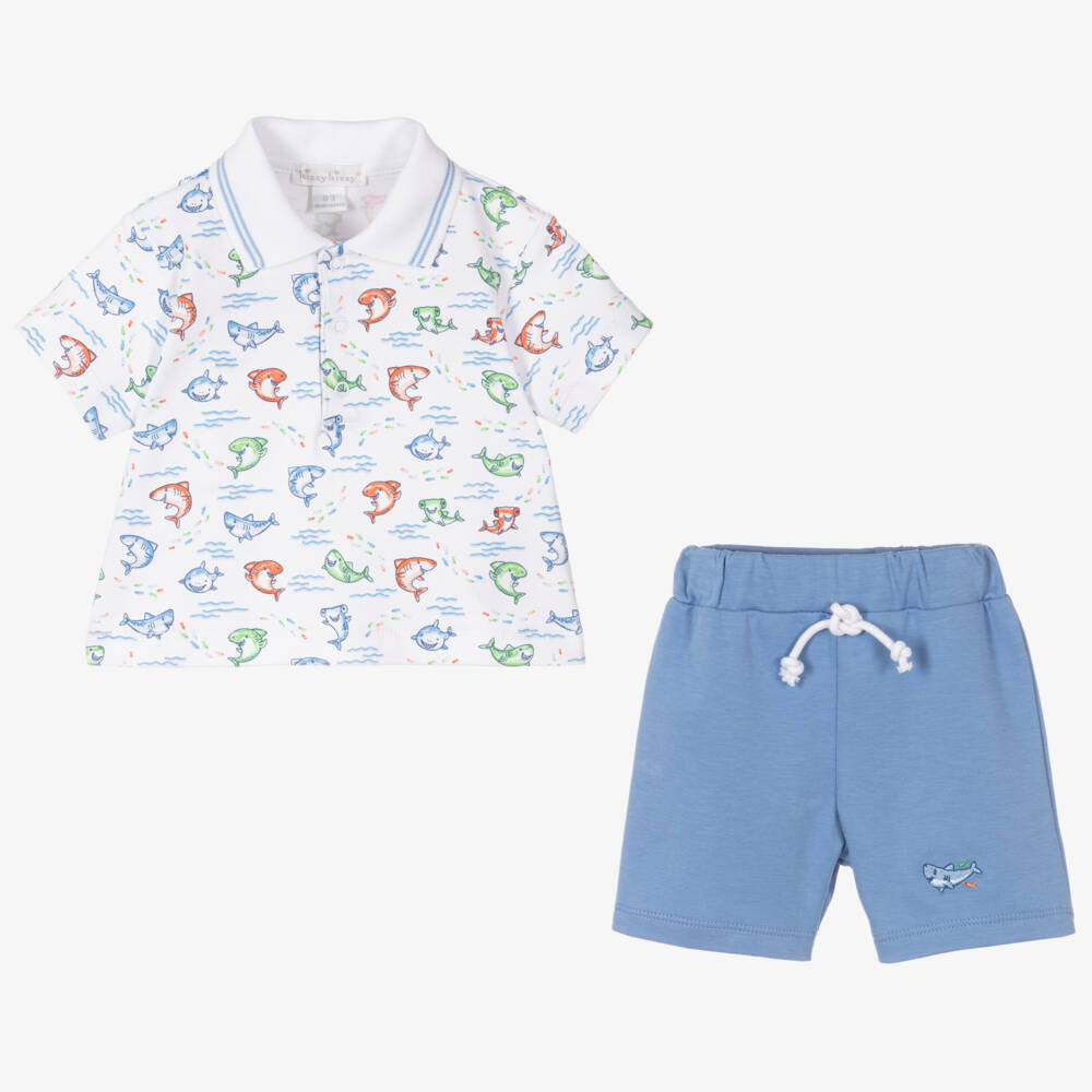 Kissy Kissy-Boys' Blue Shark Smiles Shorts Ensemble | Childrensalon Outlet