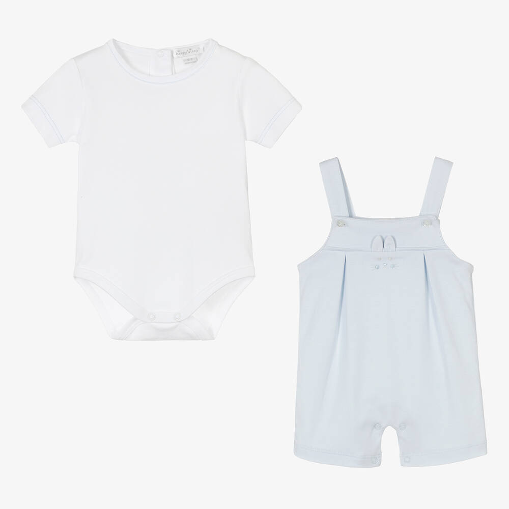 كيسي كيسي-طقم أوفرول قطن بيما لون أبيض وأزرق للمواليد | Childrensalon Outlet