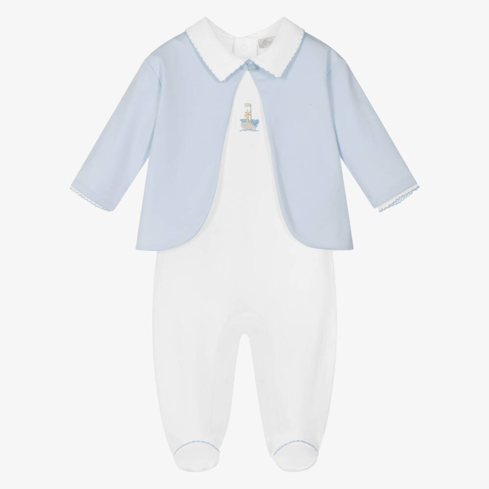 Kissy Kissy-Boys White & Blue Pima Cotton Noah's Ark Babysuit Set | Childrensalon Outlet