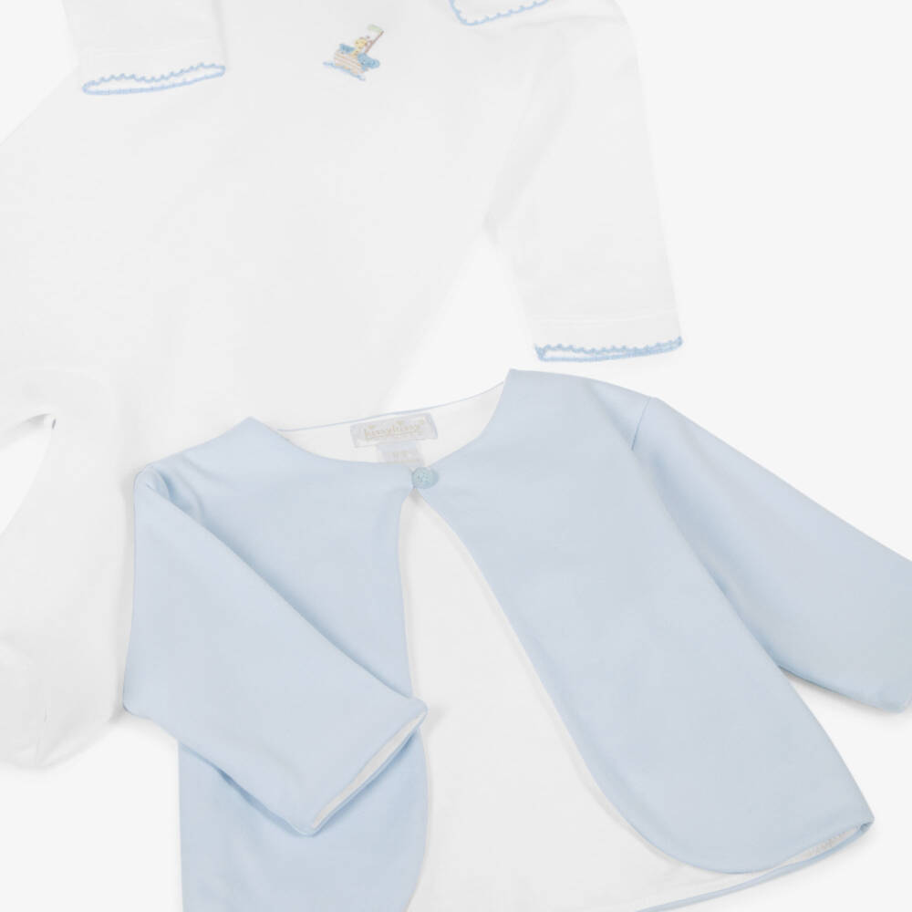 Kissy Kissy-Boys White & Blue Pima Cotton Noah's Ark Babysuit Set | Childrensalon Outlet