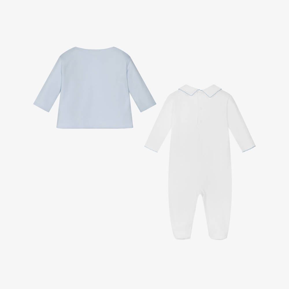 Kissy Kissy-Boys White & Blue Pima Cotton Noah's Ark Babysuit Set | Childrensalon Outlet