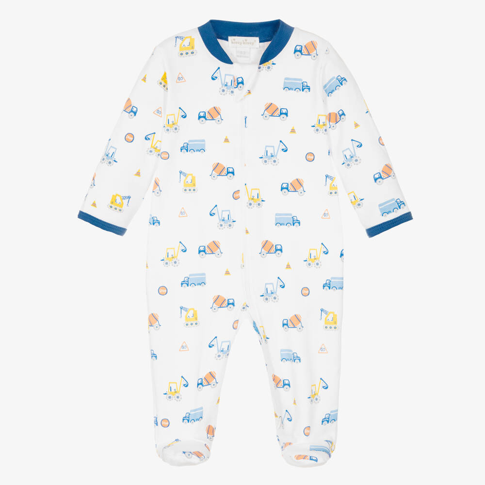 Kissy Kissy-Boys White Pima Cotton Construction Roadwork Babygrow | Childrensalon Outlet