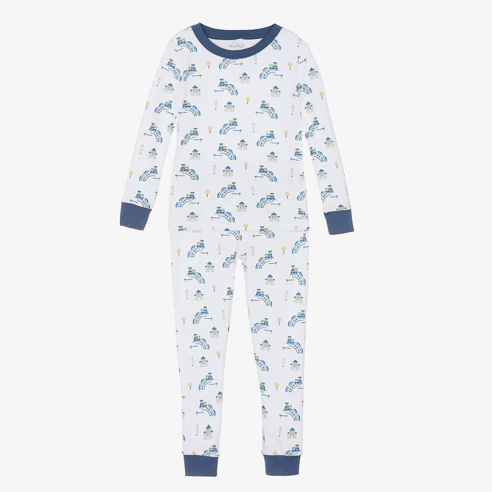 Kissy Kissy - Boys White Pima Cotton Train Depot Pyjamas | Childrensalon