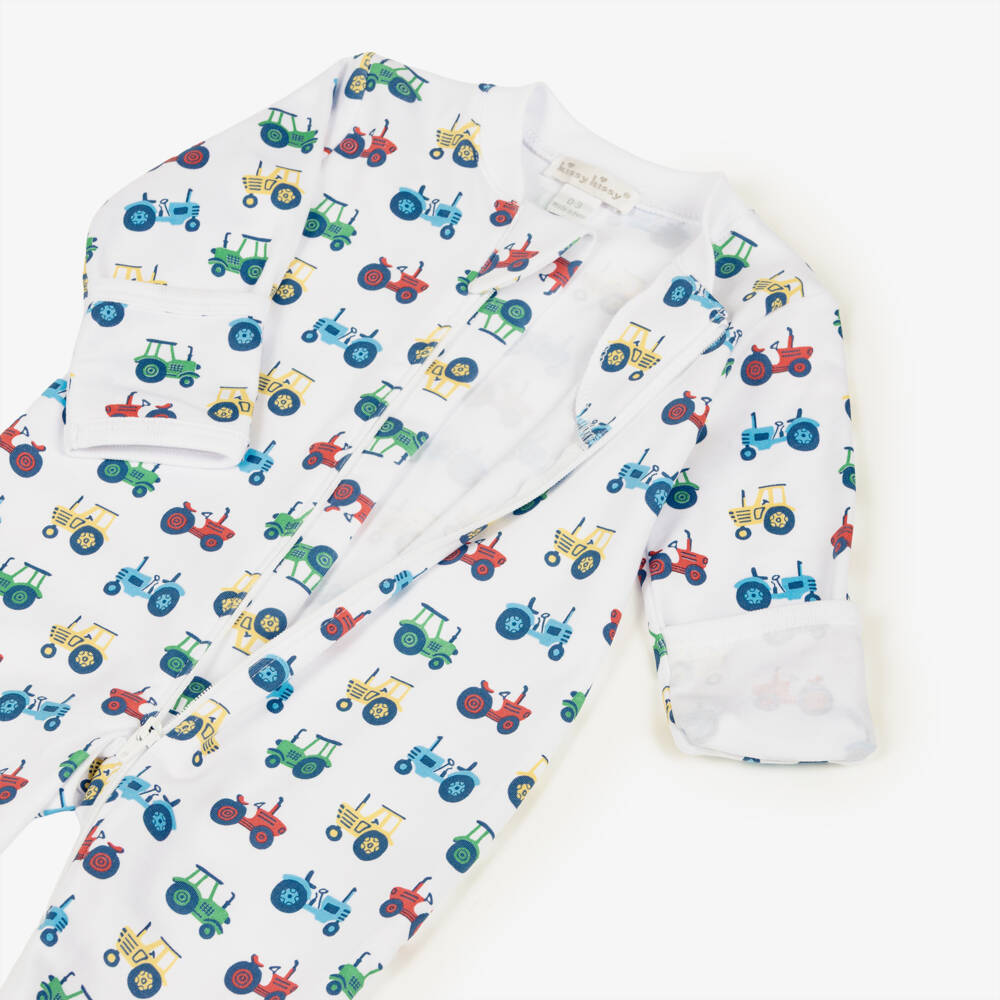 Kissy Kissy-Boys White Trusty Tractor Zip-Up Babygrow | Childrensalon Outlet