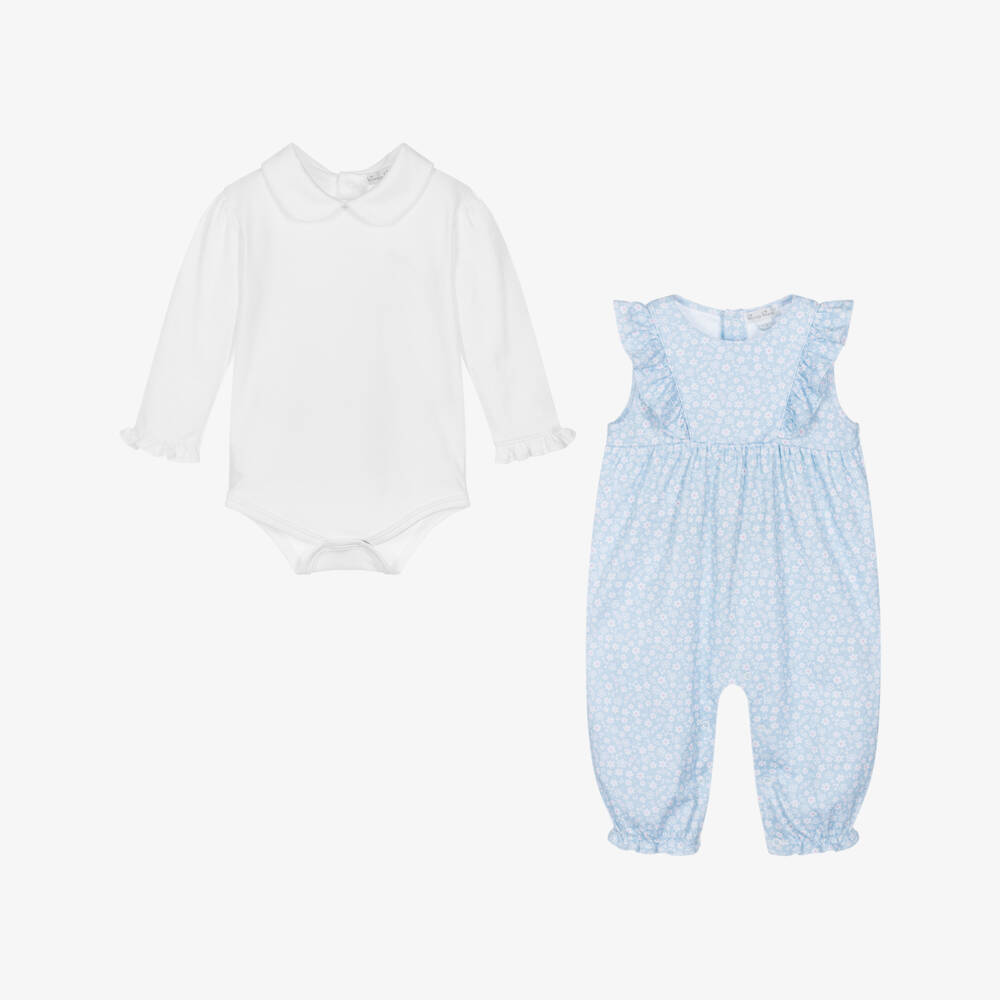 Kissy Kissy-Girls Blue Floral Pima Dungaree Set | Childrensalon Outlet
