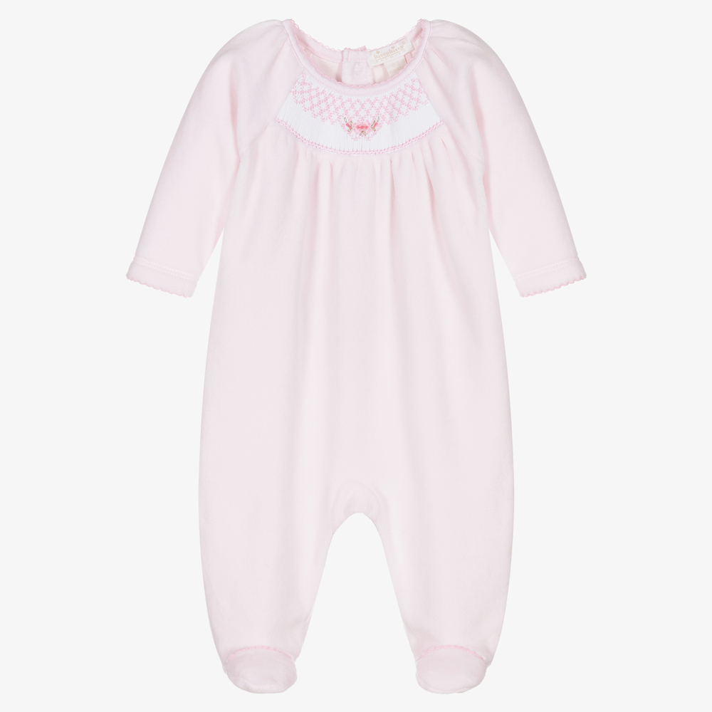 Kissy Kissy - Girls Pink Velour Bishop Babygrow | Childrensalon