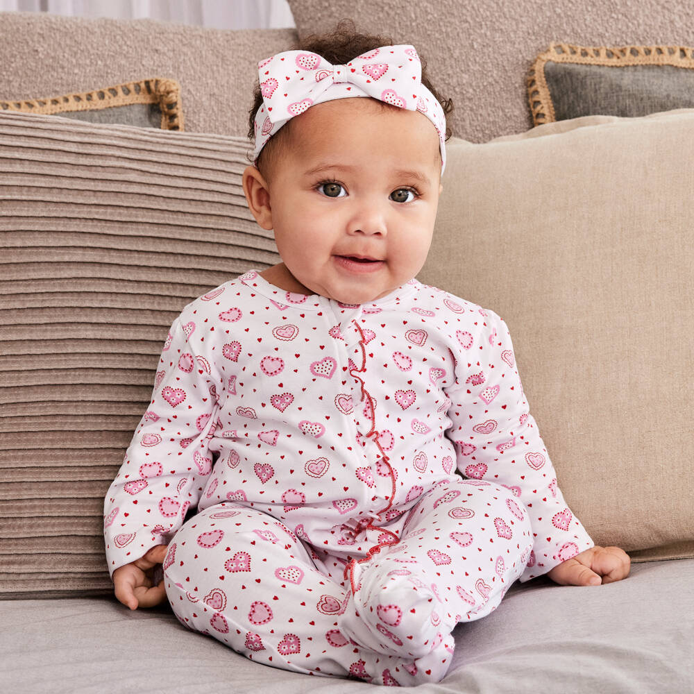 Kissy Kissy-Girls Pure White Heart-Patterned Sleepsuit | Childrensalon Outlet