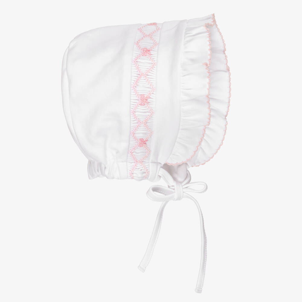 Kissy Kissy-Girls White Smocked Pima Cotton Bonnet with Pink Smocking | Childrensalon Outlet