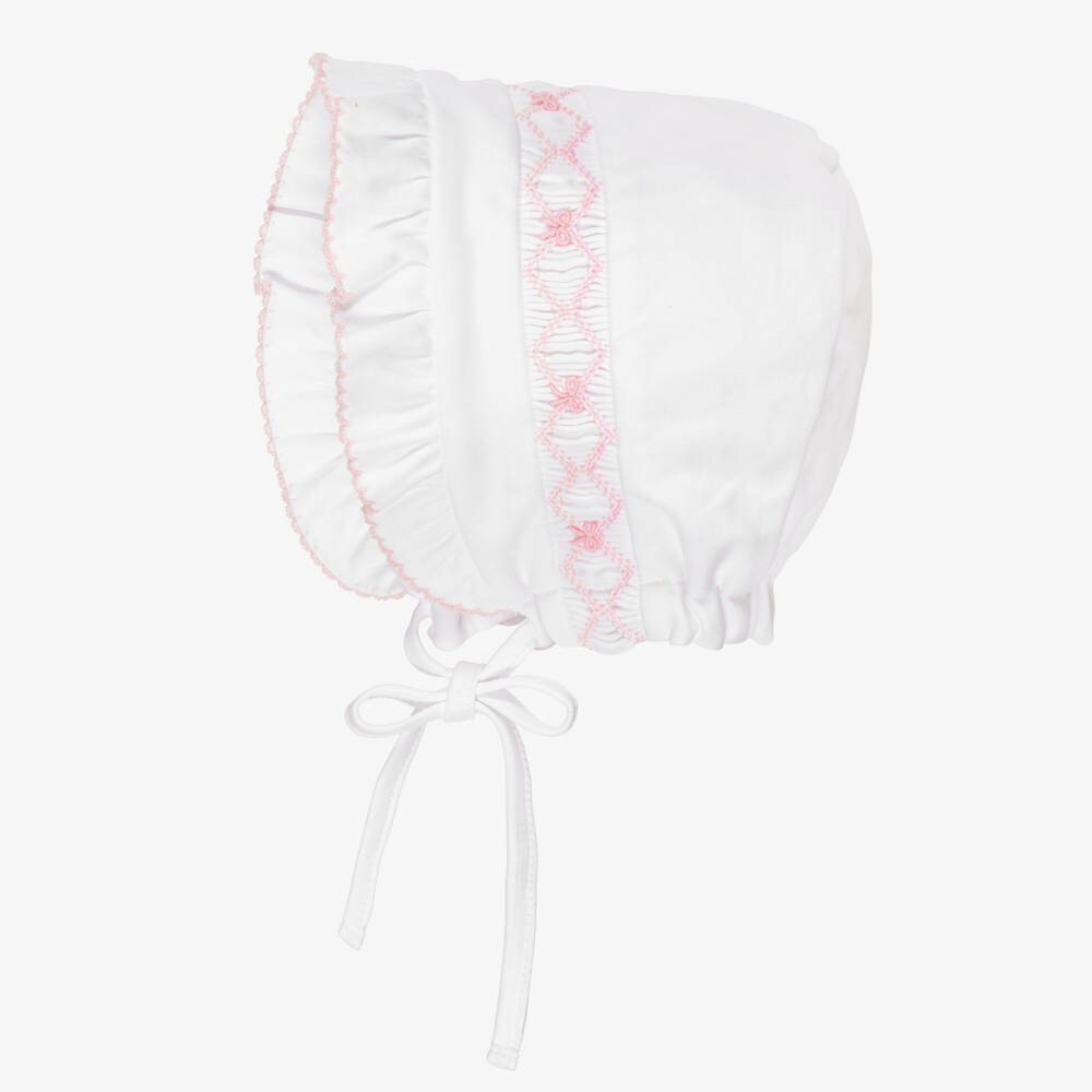 Kissy Kissy-Girls White Smocked Pima Cotton Bonnet with Pink Smocking | Childrensalon Outlet