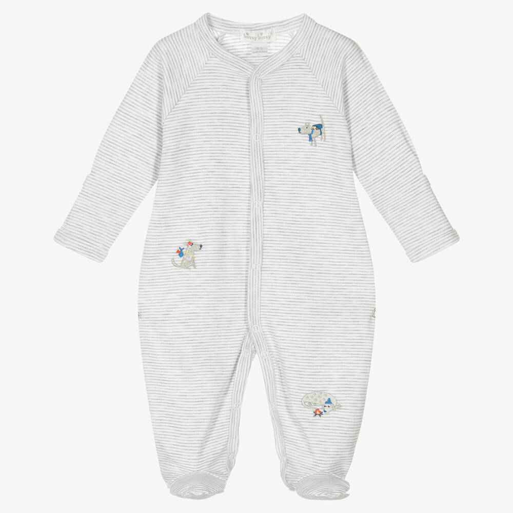 Kissy Kissy - Grey Striped Pups On The Go Babygrow | Childrensalon