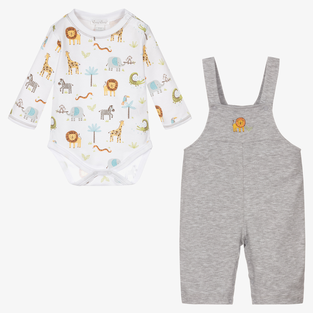 Kissy Kissy-طقم دانغريز قطن بيما لون رمادي وأبيض للمواليد | Childrensalon Outlet