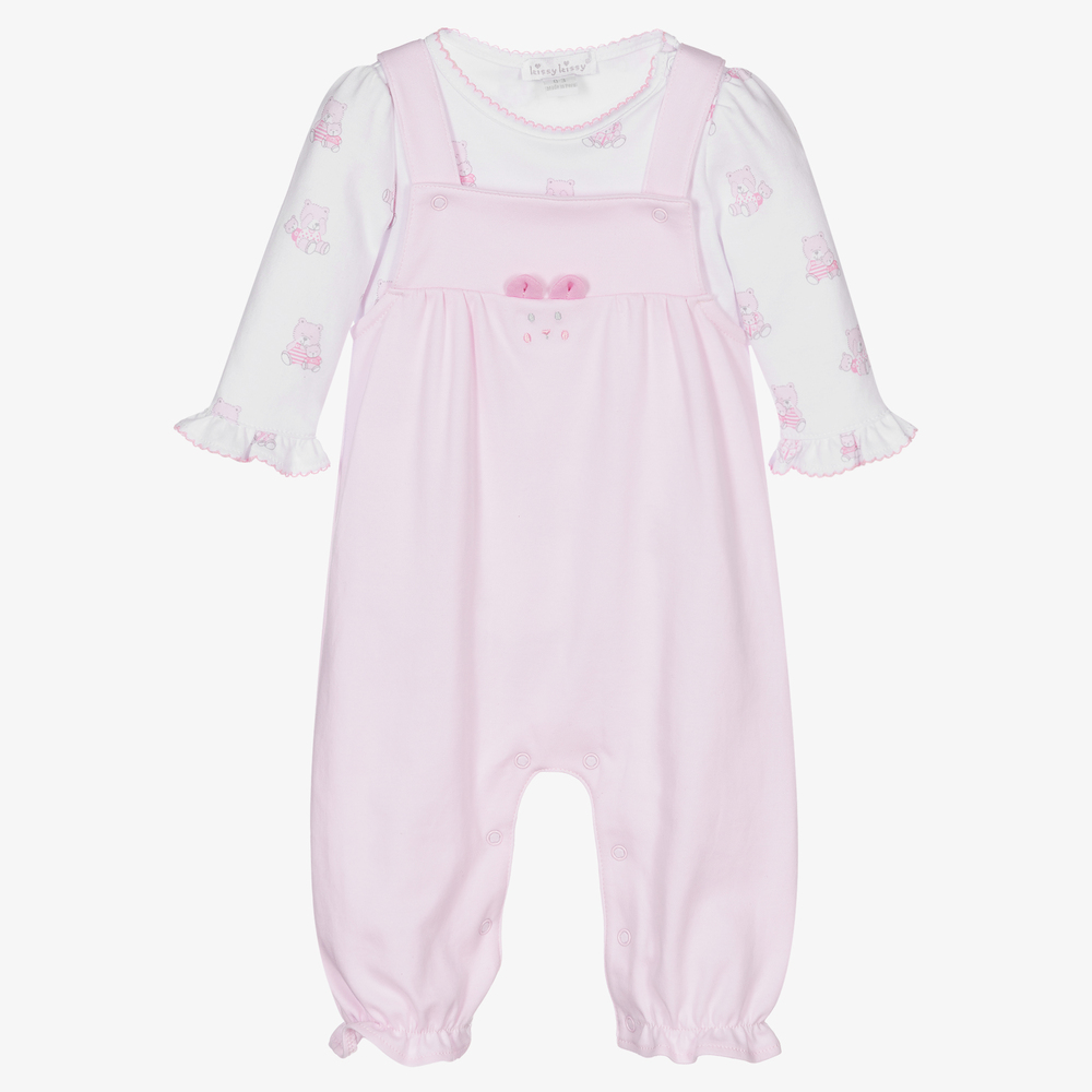 Kissy Kissy - Pink & White Teddy Dungarees Set | Childrensalon