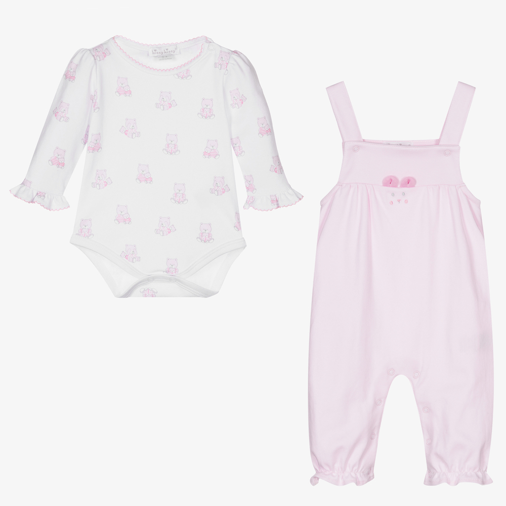 Kissy Kissy-Pink & White Teddy Dungarees Set | Childrensalon Outlet