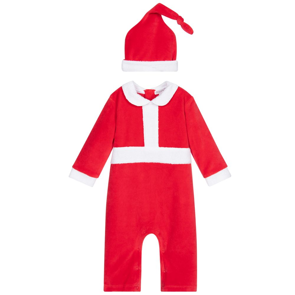 Kissy Kissy - أوفرول رومبر وقبعة سانتا قطن قطيفة لون أحمر وأبيض | Childrensalon