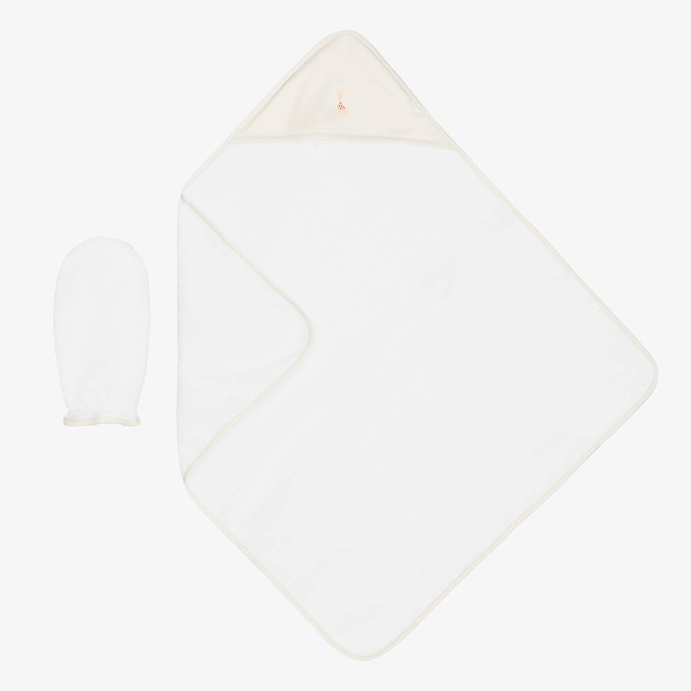 Kissy Kissy-White & Beige Cotton Hooded Towel & Mitt Set | Childrensalon Outlet