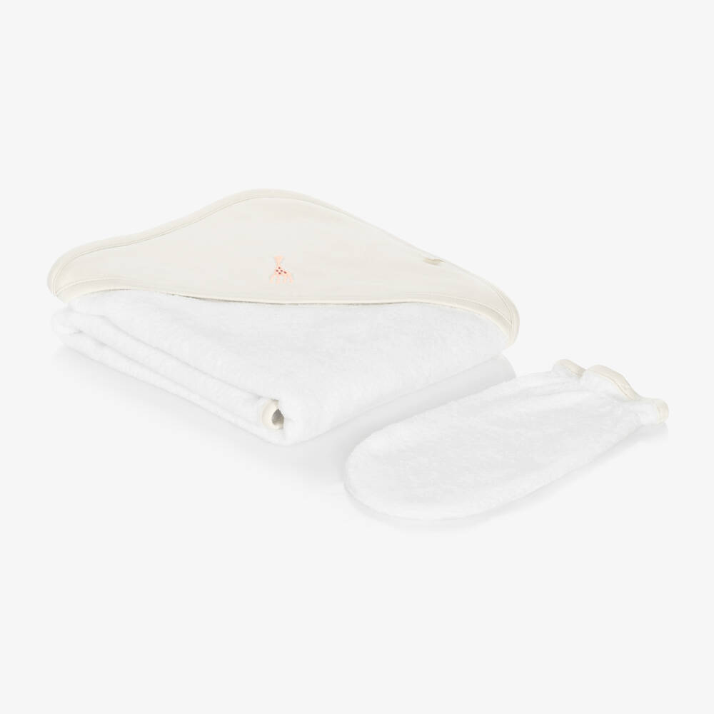 Kissy Kissy-White & Beige Cotton Hooded Towel & Mitt Set | Childrensalon Outlet
