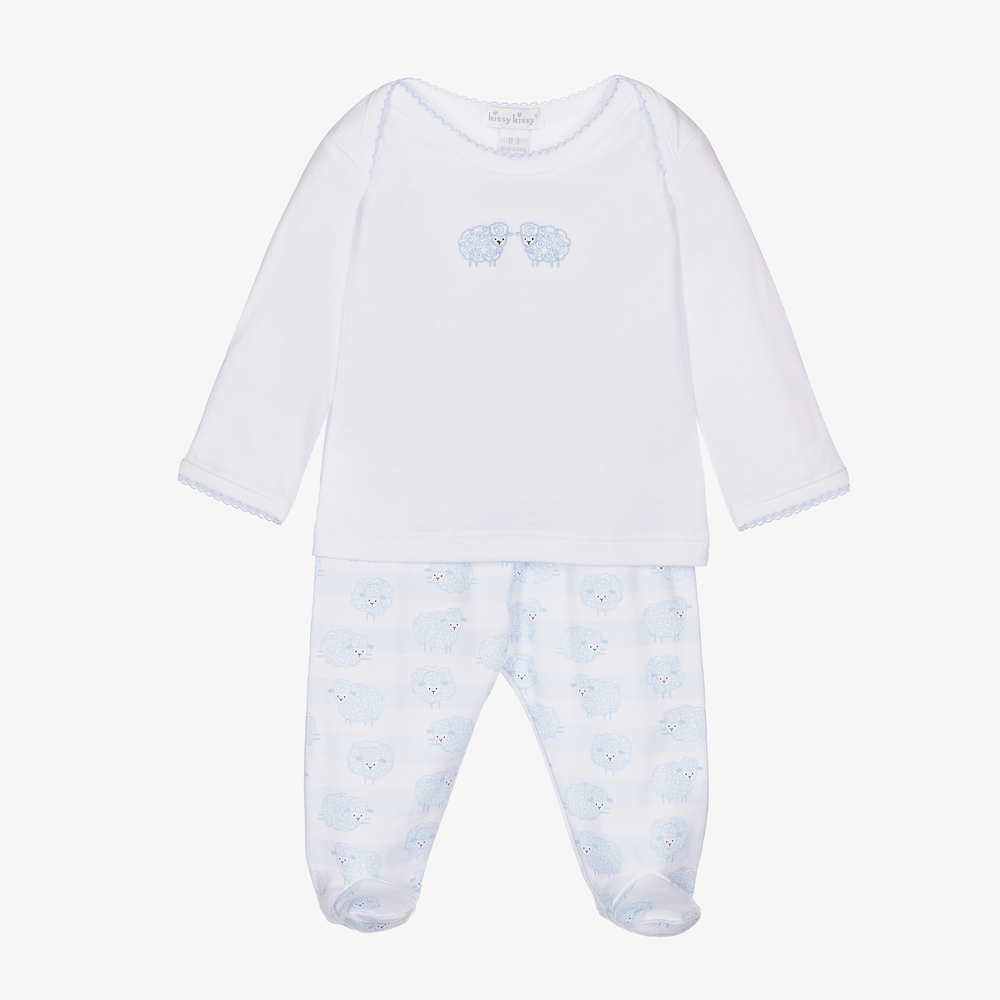 Kissy Kissy - White & Blue Lambs 2 Piece Babygrow | Childrensalon