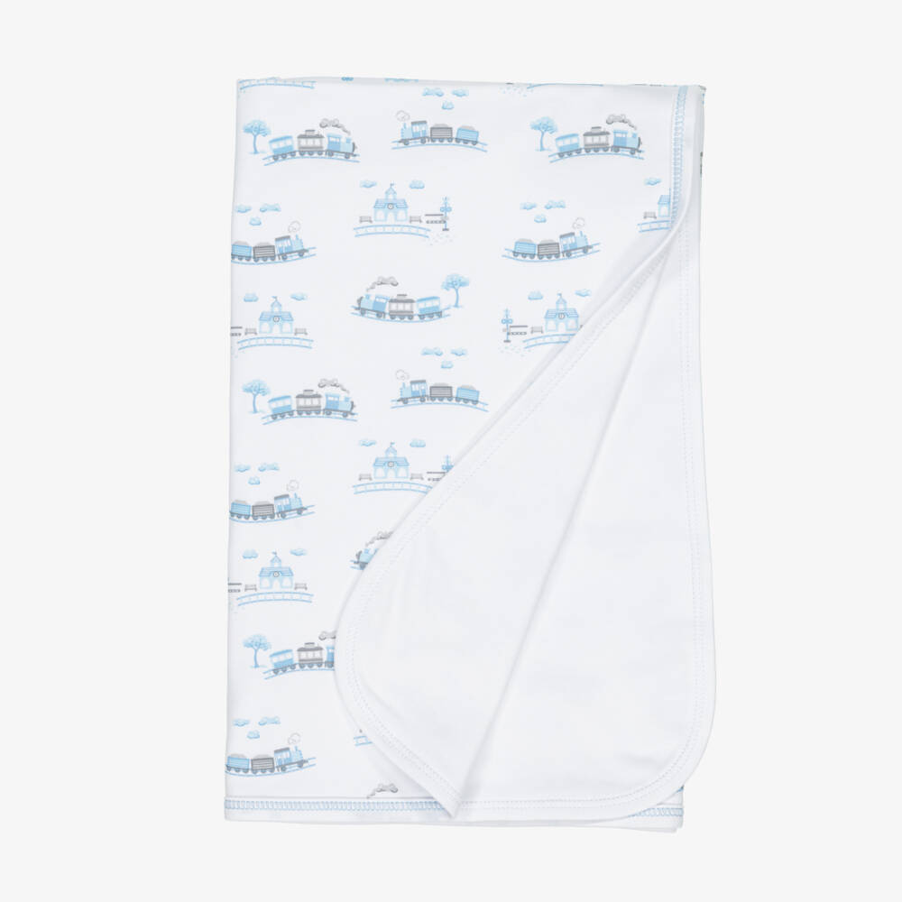 Kissy Kissy-White & Blue Pima Cotton Roundabout Railroad Blanket (73cm) | Childrensalon Outlet