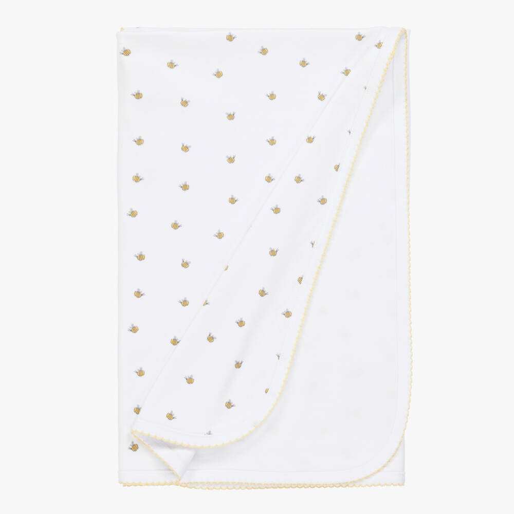 Kissy Kissy-White Buzzing Bees Pima Cotton Blanket (74cm) | Childrensalon Outlet
