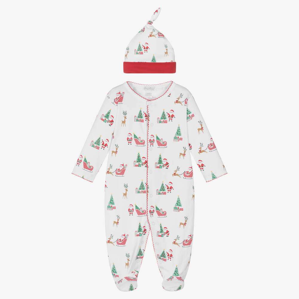 Kissy Kissy - White Cotton Santa's Sleigh Babygrow Set | Childrensalon