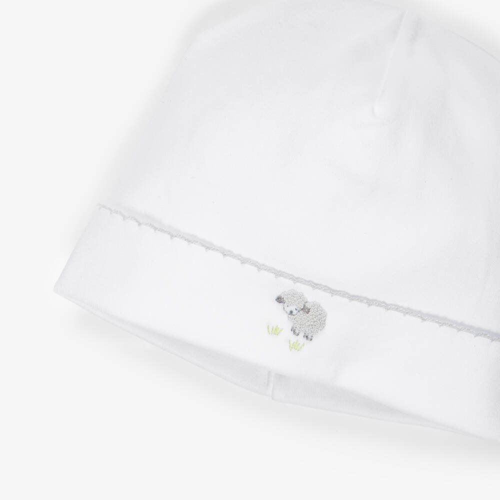 Kissy Kissy-White Pima Cotton Baby Hat with Hand-Embroidered Sheep | Childrensalon Outlet