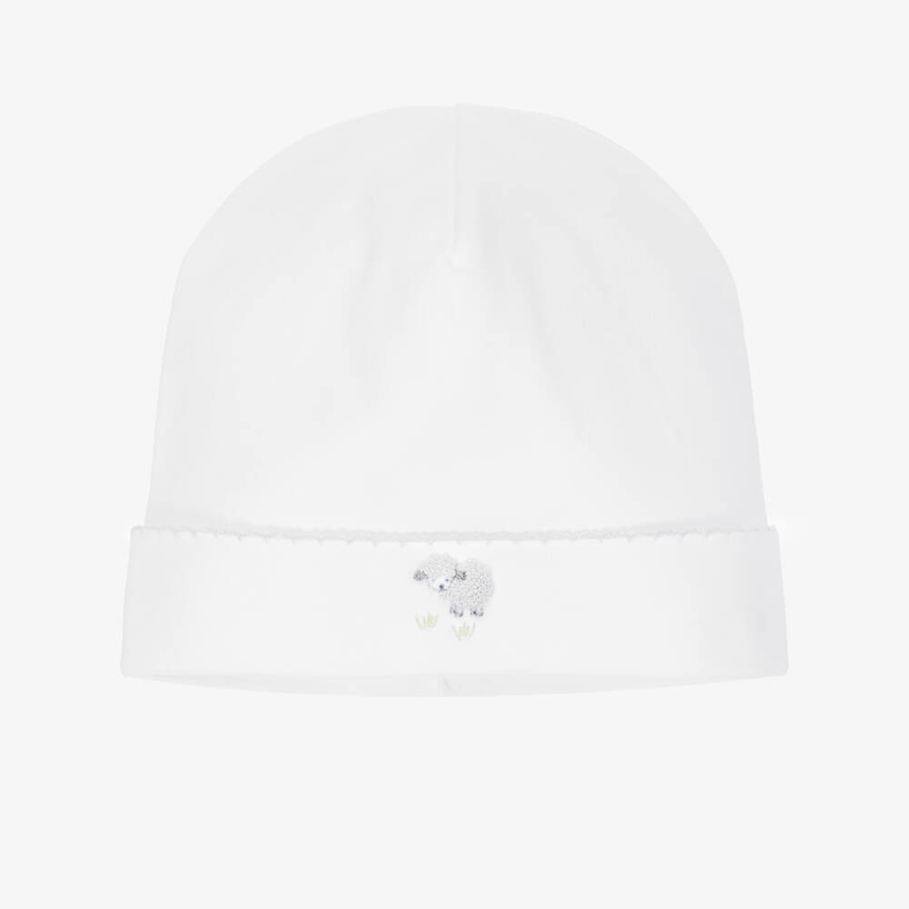 Kissy Kissy-White Pima Cotton Baby Hat with Hand-Embroidered Sheep | Childrensalon Outlet