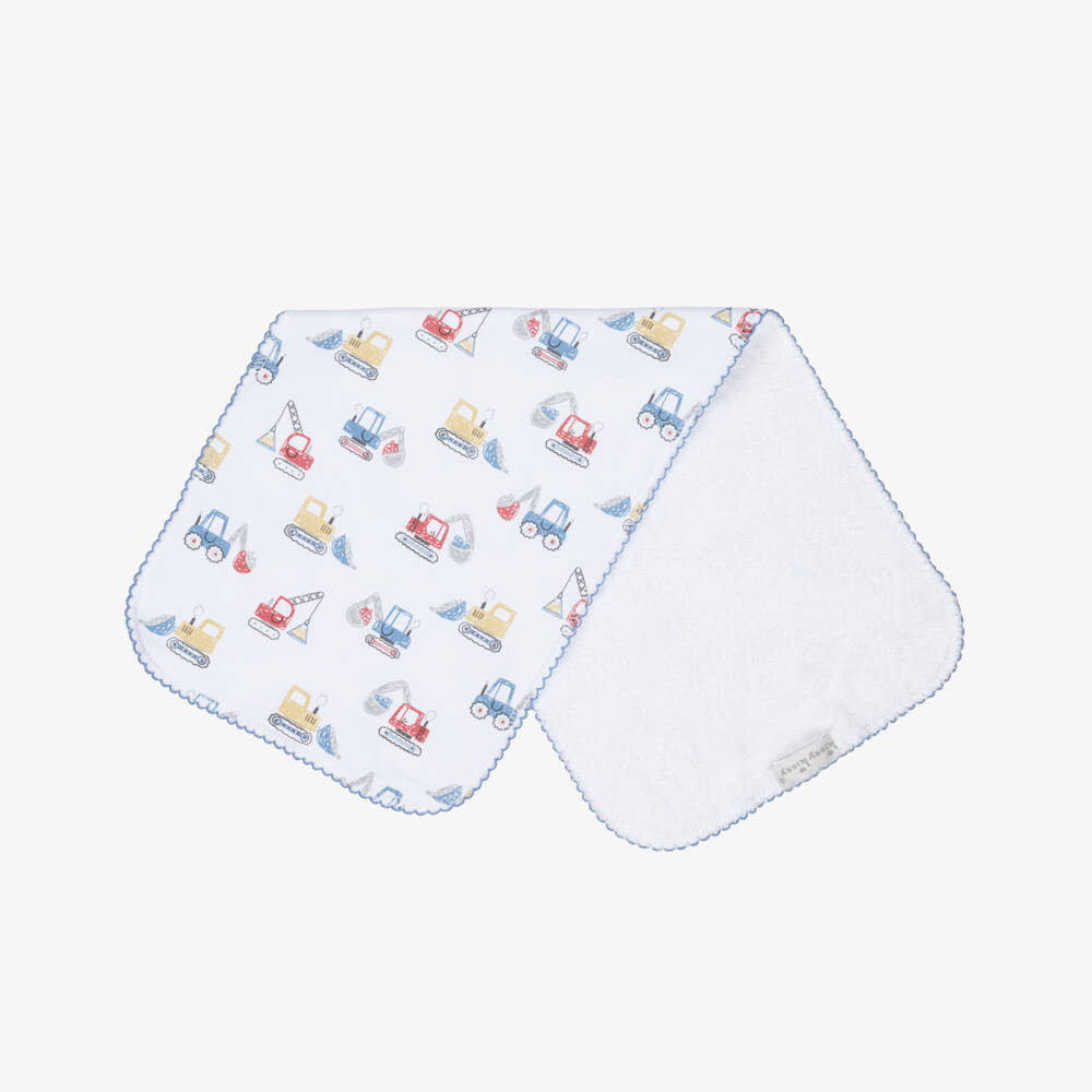 Kissy Kissy-White Pima Cotton Construstion Diggers Burp Cloth (47cm) | Childrensalon Outlet