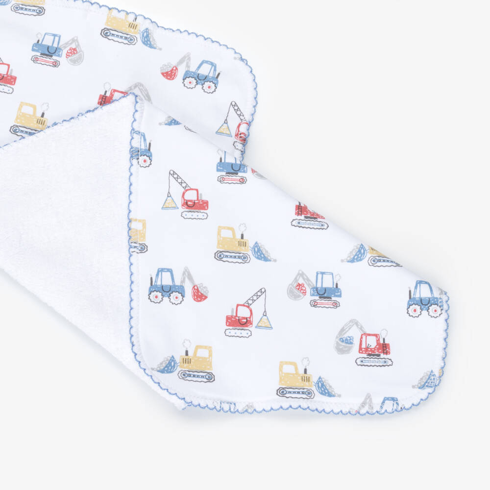 Kissy Kissy-White Pima Cotton Construstion Diggers Burp Cloth (47cm) | Childrensalon Outlet