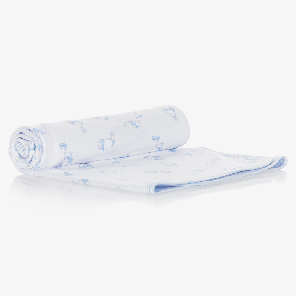 Kissy Kissy-بطانية قطن بيما لون أبيض وأزرق للمواليد (73 سم) | Childrensalon Outlet