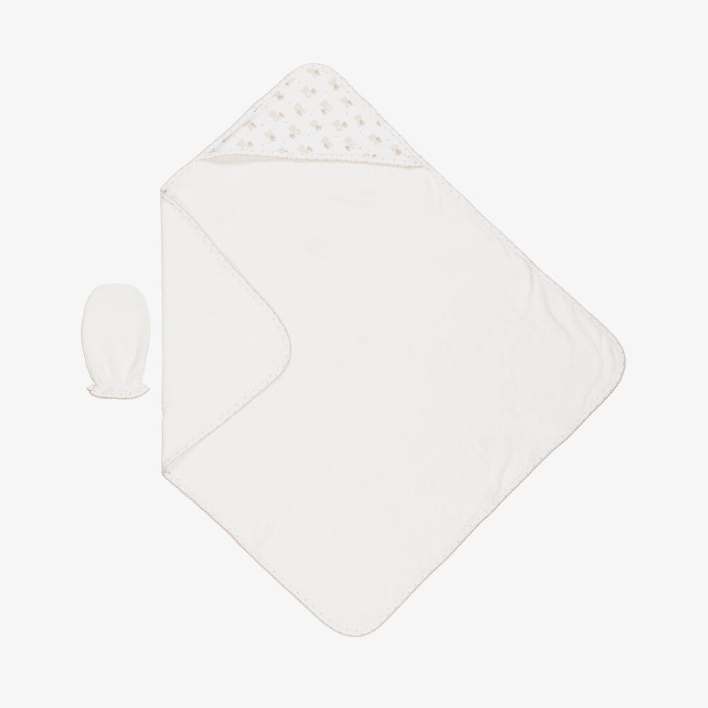 Kissy Kissy-White Teddy Bear Love Hooded Cotton Towel & Mitt Set | Childrensalon Outlet