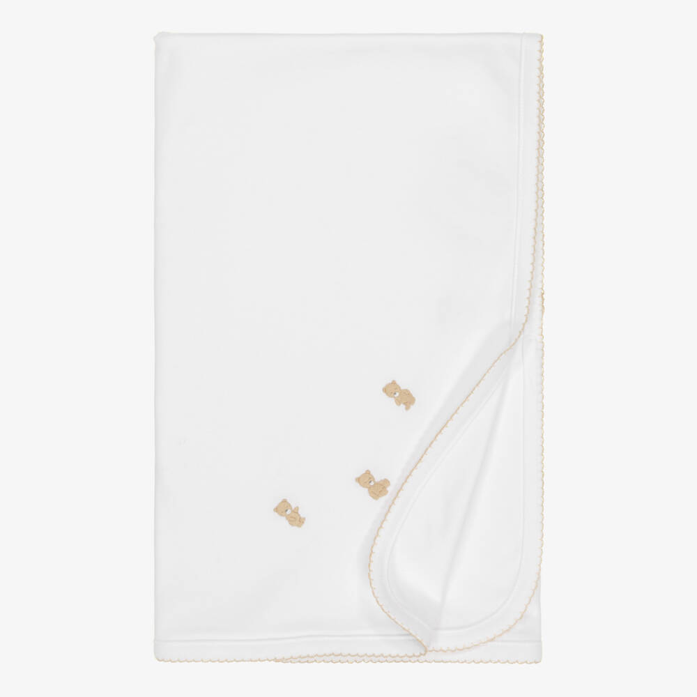 Kissy Kissy-White Teddy Bear Time Pima Cotton Blanket (73cm) | Childrensalon Outlet