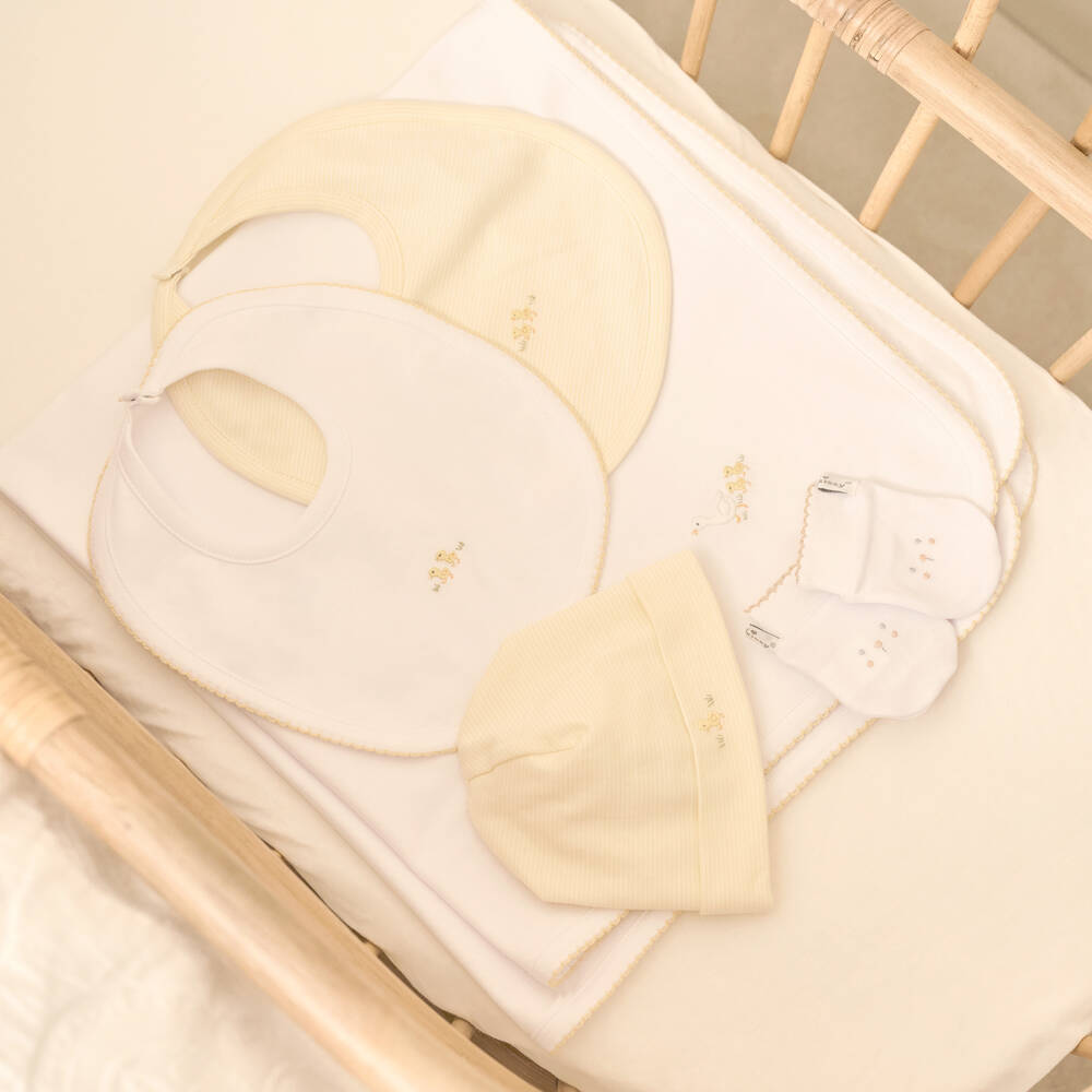 Kissy Kissy-Yellow & White Striped Pima Cotton Baby Duckling Bib | Childrensalon Outlet