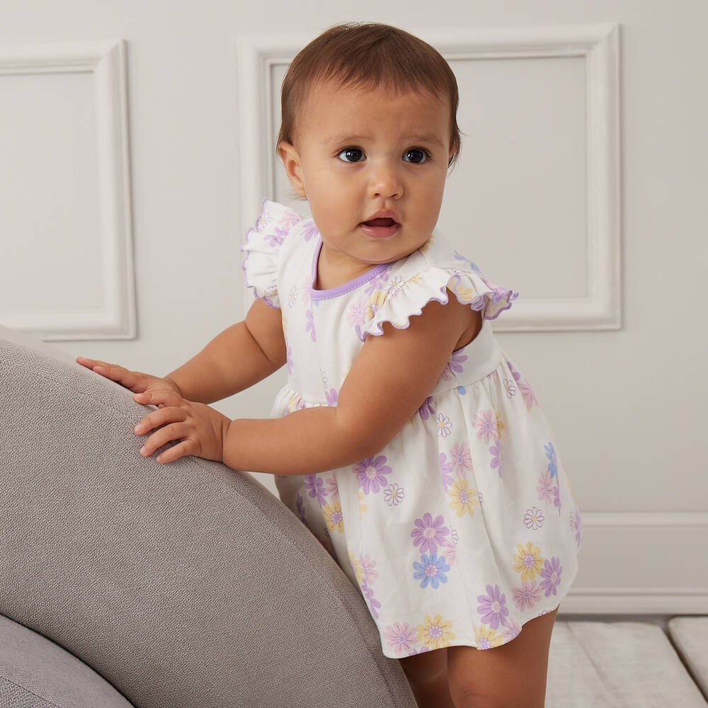 كيسي لاف-فستان قطن بيما لون بنفسجي وعاجي بطبعة ورود | Childrensalon Outlet