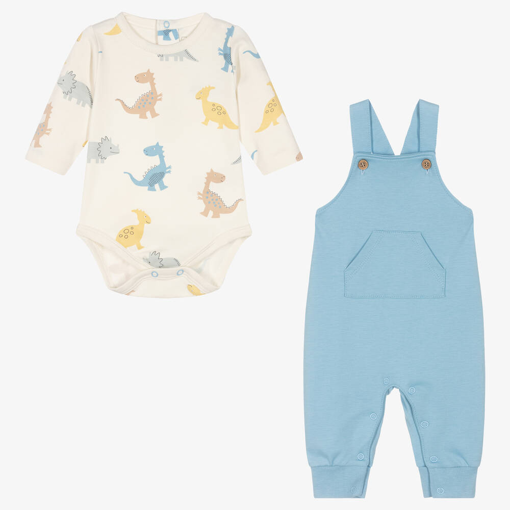 Kissy Love-Боди с динозаврами и голубой полукомбинезон из хлопка пима | Childrensalon Outlet