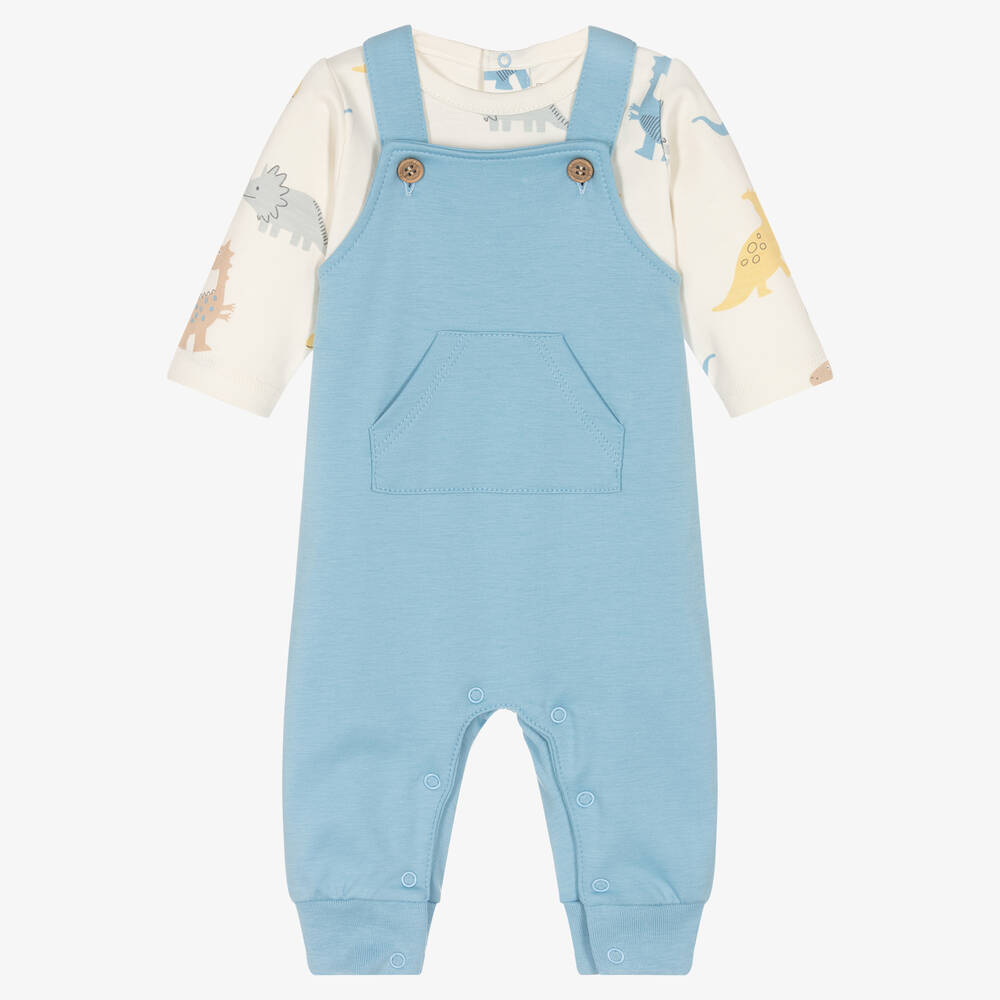 Kissy Love - Blue Pima Cotton Dino Party Dungaree Set | Childrensalon