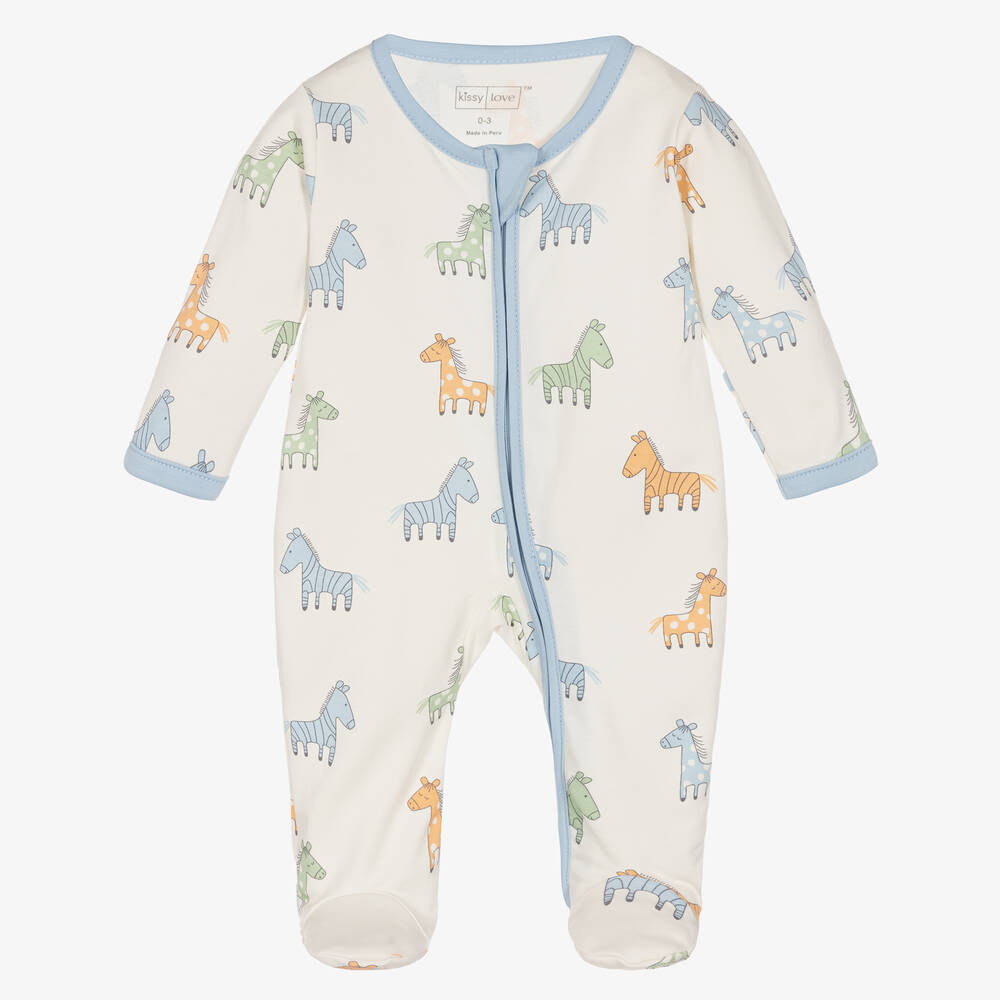 Kissy Love - Boys Ivory Cotton Zebra & Friends Babygrow | Childrensalon