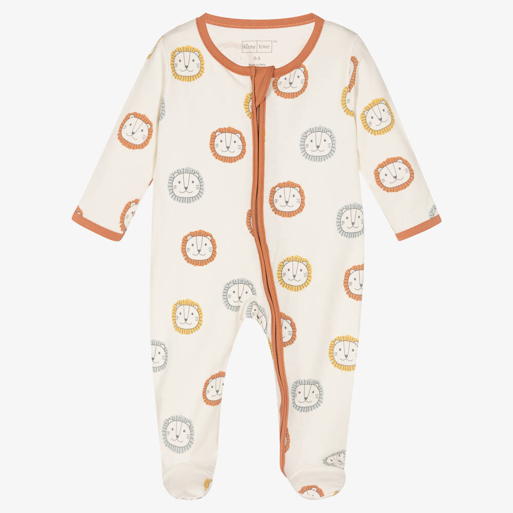 Kissy Love - Boys Ivory Pima Cotton Happy Lions Babygrow | Childrensalon