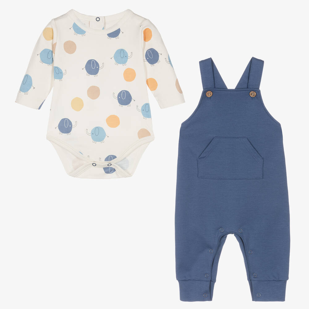 كيسي لاف-طقم دانغريز قطن بيما لون أزرق وعاجي للمواليد | Childrensalon Outlet