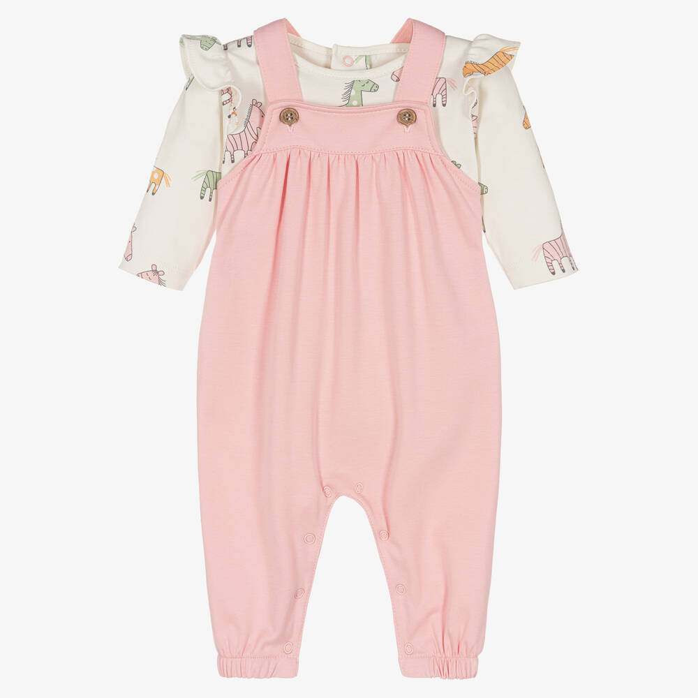 Kissy Love - Pink Cotton Zebra & Friends Dungaree Set | Childrensalon