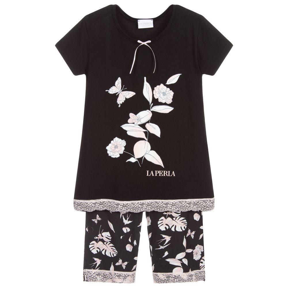 La Perla - Черная пижама из модала с цветами | Childrensalon