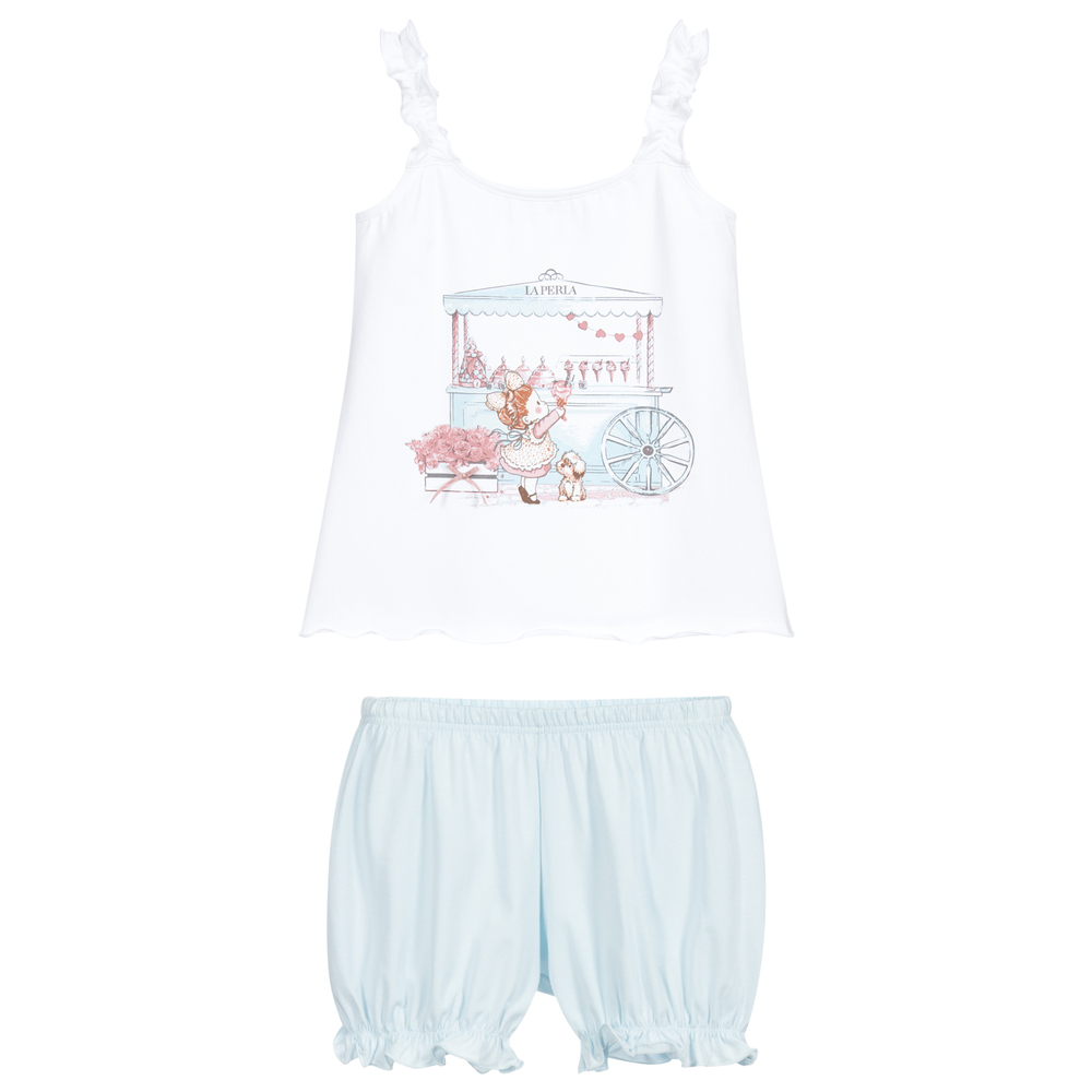 لا بيرلا-بيجاما شورت قطن حيرسي لون أزرق وأبيض للبنات | Childrensalon Outlet