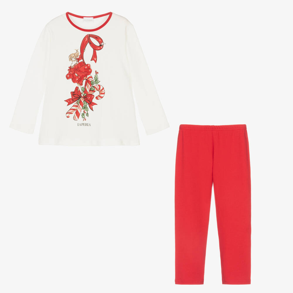 لا بيرلا-بيجاما قطن لون عاجي وأحمر للبنات | Childrensalon Outlet