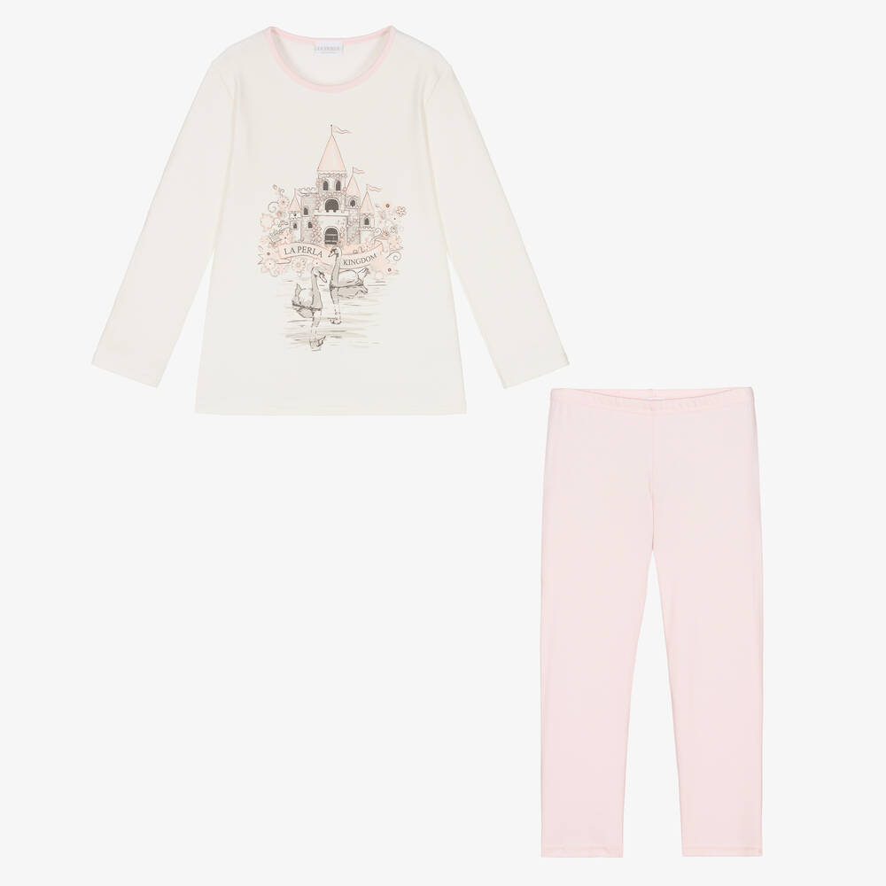 لا بيرلا-بيجاما قطن جيرسي لون زهري وعاجي للبنات | Childrensalon Outlet