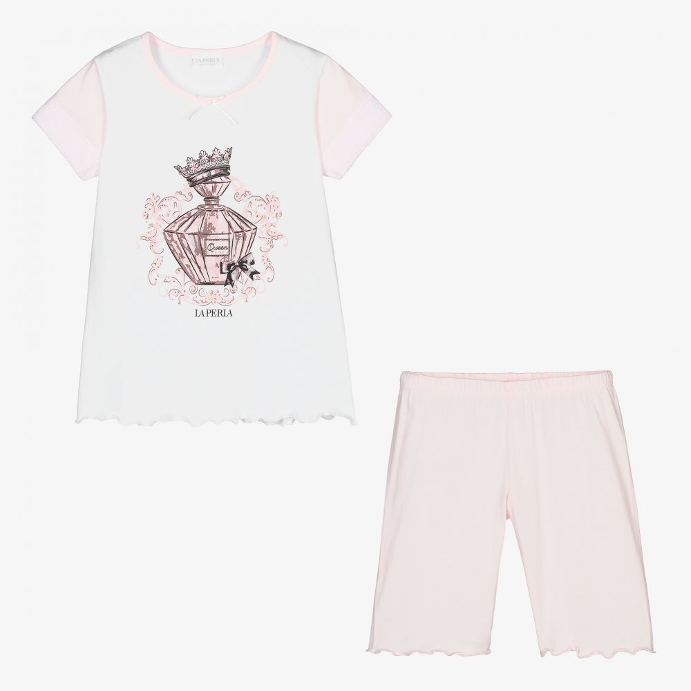لا بيرلا-بيجاما شورت قطن لون أبيض زهري للبنات | Childrensalon Outlet