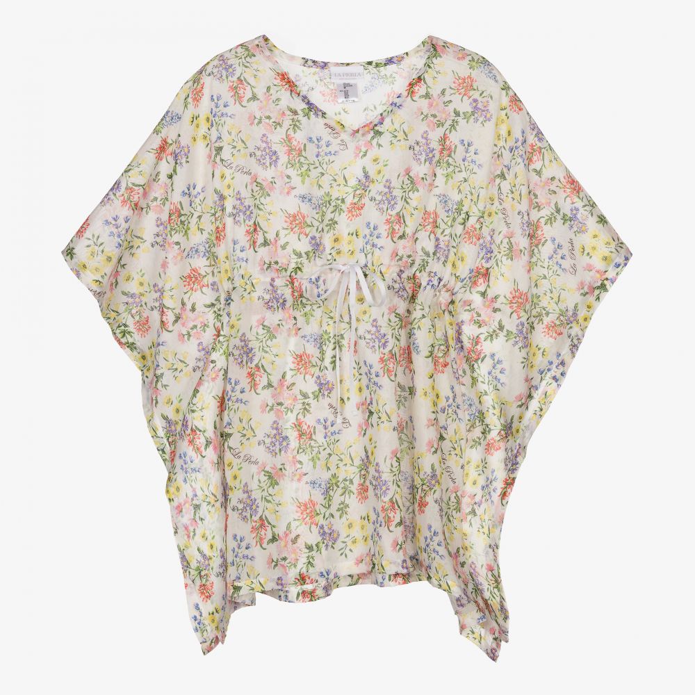 La Perla - Girls White Floral Silk Kaftan | Childrensalon